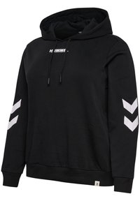 Zwarte hoodie van katoen met een kangoeroe-zak. Heeft witte chevrons op de mouwen en logo-tekst op de voorkant.