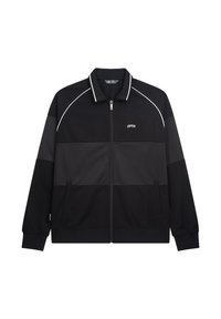 Svart zip-up jacka med kontrasterande svarta paneler, vita detaljer och en ribbad krage; har sidfickor och en logotyp på bröstet.