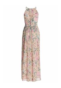 Robe longue sans manches à motif floral, avec un col licou, une taille cintrée, et un motif de fleurs pastel roses, vertes et bleues sur un tissu clair.