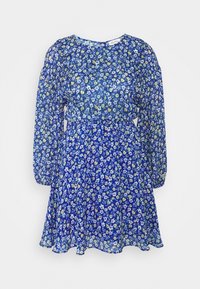 Blå långärmad klänning med små gula, vita och ljusblå blommönster, draperad midja och en svävande knälång kjol.