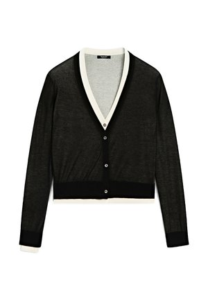Cardigan léger noir avec un décolleté en V profond, un col intérieur blanc et des poignets contrastés. Comprend cinq boutons et un design court.