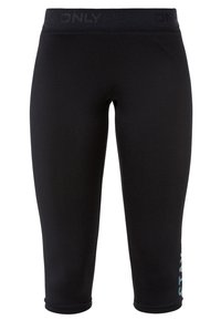 Leggings neri a tre quarti realizzati in tessuto elastico. Presentano una cintura ampia con logo in rilievo e un accento decorativo laterale.
