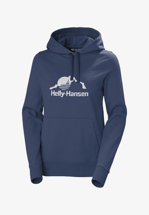 Námořnická modrá mikina s kapucí se předním klokaním kapsou, nastavitelnou šňůrkou a bílým grafickým logem s motivem hor a slunce.