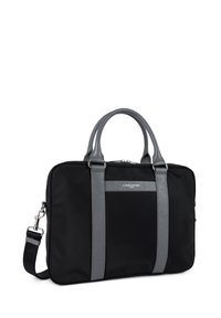 Borsa per laptop nera in nylon con manici e dettagli in pelle grigia, forma rettangolare, chiusura zip e logo del marchio sul pannello frontale.