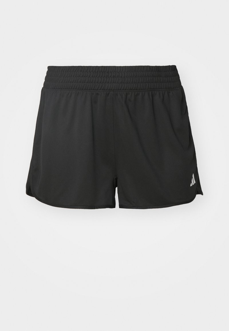 Svarta sportshorts med elastisk midja, slät yta och sidofickor; har en liten vit logotyp på den nedre fållen.