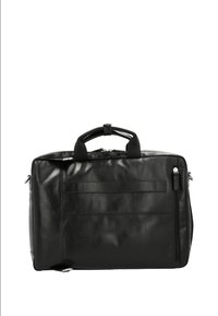 Borsa nera in pelle con forma rettangolare, doppi manici superiori, chiusura con zip e superficie testurizzata. Dotata di tasche laterali per ulteriore spazio di archiviazione.