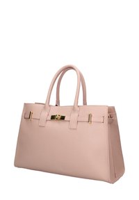Borsa in pelle rosa con doppi manici, dettagli in metallo dorato e forma rettangolare strutturata. Esterno texturizzato con chiusura a scatto.