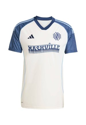 Hvid fodboldtrøje med marineblå accenter, med v-hals, korte ærmer og "NASHVILLE" trykt på forsiden med fed skrift.