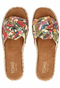 Blomster mønstret stof sandaler med en snoet knude detalje på toppen, brunt ruskind indersål og jute-indpakket ydersål.