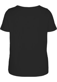 Plain black short-sleeve T-shirt with a round neckline shown from the back on a white background.