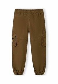 Olivgrüne Cargo-Hosen mit elastischem Bund, schmal zulaufenden Bündchen und zwei seitlichen Cargo-Taschen. Glattes Material mit matter Oberfläche.