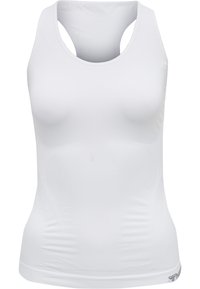 Canotta sportiva bianca con collo alto, senza maniche e design con schiena aperta. Tessuto leggermente elasticizzato, texture liscia, senza motivi.