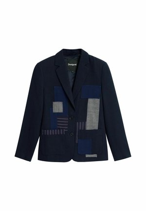 Marineblazer mit zwei Knöpfen, vorne mit blauen und gestreiften Patchwork-Details sowie zwei Vorderentaschen.
