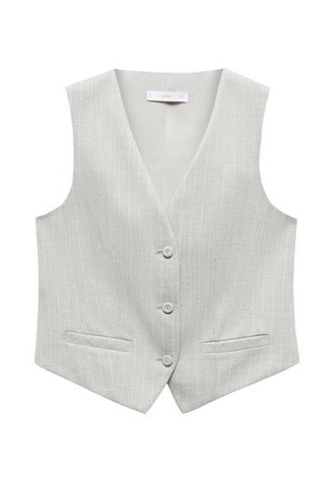 Vest gri deschis cu dungi verticale albe, având un gât în formă de V, cinci nasturi și două buzunare frontale. Textură netedă.