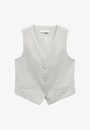 Vest gri deschis cu dungi verticale albe, având un gât în formă de V, cinci nasturi și două buzunare frontale. Textură netedă.