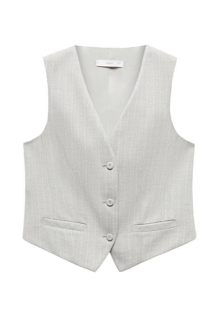 Light grey vest with white vertical stripes, featuring a v-neckline, five buttons, and two front pockets. Smooth texture.