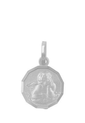 Silberner achteckiger Anhänger mit erhabenem Motiv eines Cherubs, der seinen Kopf auf eine Hand stützt und mit sichtbaren Flügeln.