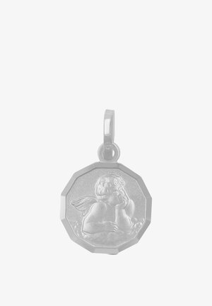 Silberner achteckiger Anhänger mit erhabenem Motiv eines Cherubs, der seinen Kopf auf eine Hand stützt und mit sichtbaren Flügeln.