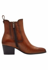 Bottine marron en cuir avec fermeture éclair latérale, talon bloc, et languette arrière, présentée de profil droit sur fond blanc.