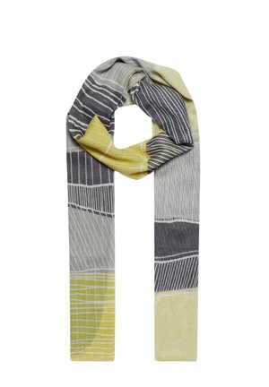 Bufanda de diseño en gris, amarillo y blanco. Presenta rayas diagonales y formas geométricas. Hecha de una tela suave, ligera y que cae bien.
