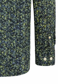 Langarmshirt mit dunklem Hintergrund und gesprenkeltem Muster in Blau, Gelb und Grün. Zwei weiße Knöpfe am Bund.