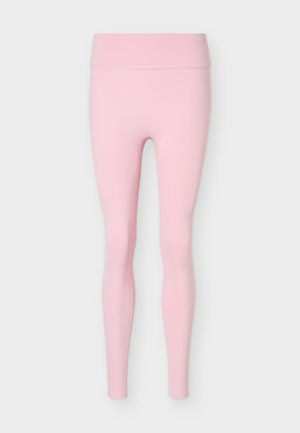 Leggings femme rose clair uni à taille haute, en tissu lisse et extensible avec une coupe slim longueur totale.