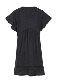 Dunkelgraues Baumwollkleid mit kurzen, gerafften Ärmeln, V-Ausschnitt, geraffter Taille und flared Saum, der mit einer dekorativen Borte akzentuiert ist.