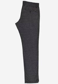Gray tailored trousers made of textured fabric, featuring a single back pocket with button closure and a straight-leg design.