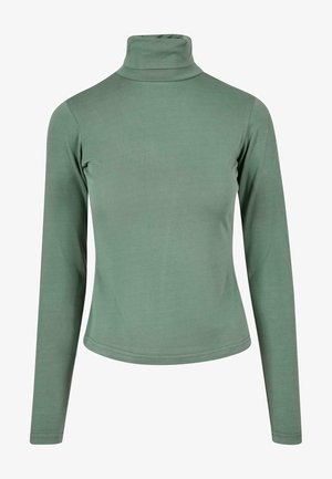 Langærmet grøn turtleneck top lavet af glat stof, med en tætsiddende silhuet og en høj, tætsiddende krave for varme.