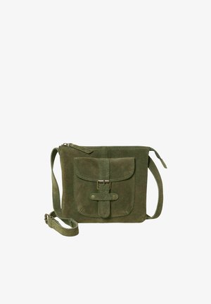 Sac bandoulière en daim vert olive avec sangle réglable, poche avant à rabat fermée par une boucle et fermeture zippée sur le dessus.