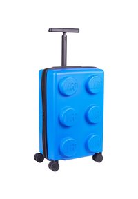 Blue suitcase in a LEGO brick design, featuring raised circular accents and a retractable black handle. Two small black wheels.