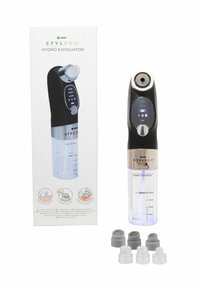 StylPro Hydro Exfoliator : design noir et argent, chambre d'eau transparente, panneau d'affichage, cinq embouts interchangeables, manuel d'utilisation inclus.