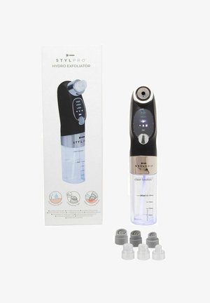 StylPro Hydro Exfoliator : design noir et argent, chambre d'eau transparente, panneau d'affichage, cinq embouts interchangeables, manuel d'utilisation inclus.