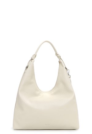 Skuldertaske i cremefarvet læder med én hank med knudedetaljer og sølvfarvede metalspænder.