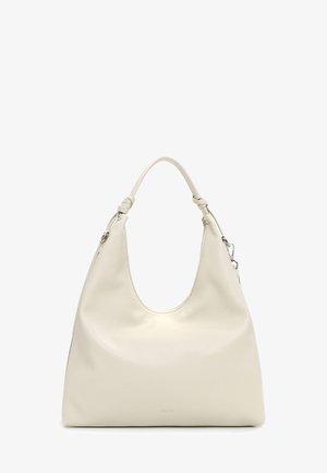 Schoudertas van crèmekleurig leer met een enkele handgreep met knoopaccenten en zilverkleurige metalen sluitingen.