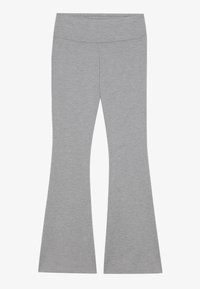 Grå vide leggings laget av et mykt, elastisk stoff. Livet er bredt og elastisk, med en glatt tekstur og en tettsittende silhuett.