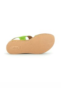 Green suede sandal with an open design, featuring cutouts and a textured rubber sole, labeled “Gabor” on the bottom.