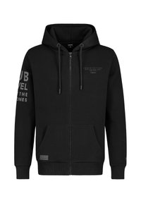 Zwarte hoodie met rits van een katoenmix, voorzien van een zak aan de voorkant, een capuchon met trekkoord en bedrukt tekst op de mouw en borst.