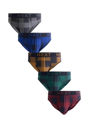 Fünf Paar Herren-Slips in grauen, blauen, orangen, grünen und roten Karomustern mit schwarzen Bündchen und dem Aufdruck NEXT.