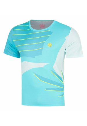 Maglietta sportiva turchese a maniche corte con forme astratte azzurro chiaro e sottili strisce gialle, con piccolo logo circolare sul petto.
