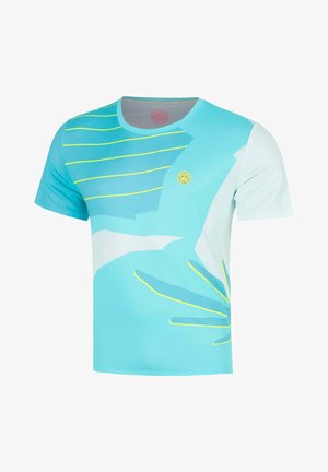 Maglietta sportiva turchese a maniche corte con forme astratte azzurro chiaro e sottili strisce gialle, con piccolo logo circolare sul petto.