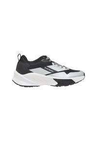 Schwarz-weißer Sportschuh mit einem strukturierten Mesh-Obermaterial, reflektierenden Details und einer dämpfenden Sohle. Schnürdesign mit einer Zuglasche an der Ferse.