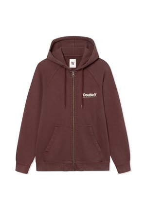 Sweat à capuche marron zippé avec poches avant, capuche avec cordon de serrage et texte blanc "Double V" sur la partie gauche de la poitrine.