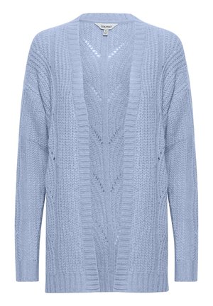 Jasnoniebieski sweter z dzianiny z otwartym przodem, z teksturowanym wzorem i prążkowanymi brzegami. Długie rękawy o luźnym kroju.