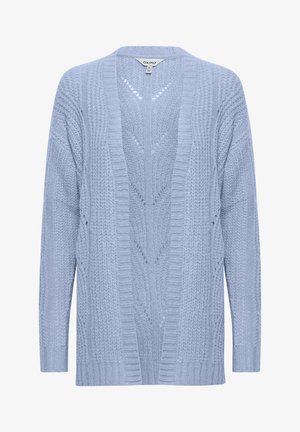 Hele sinine kudumiskardigan avatud esiosaga, millel on tekstuuriga muster ja soonikservad. Pikad varrukad lõdva istuvusega.