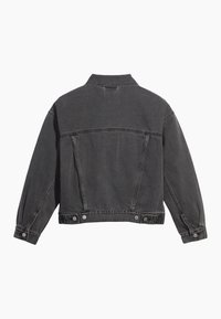 Black denim jacket with a classic design, featuring a collared neck, long sleeves, and buttoned cuffs. Back has prominent stitching detail.