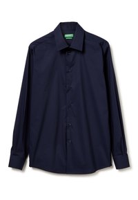 Camicia a maniche lunghe blu navy in tessuto liscio, con collo a punta, chiusura con bottoni e polsini con bottoni. Design semplice, senza motivi.