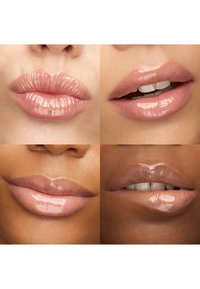 Four close-ups of diverse lips with glossy nude lip gloss, showing different natural lip shapes and expressions.