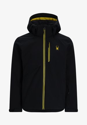Männer schwarze Jacke mit gelbem Innenfutter. Verfügt über einen Frontreißverschluss, seitliche Taschen und ein Spinnenlogo auf der Brust. Glatte Textur, mit Kapuze.