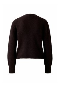 Pull cropped noir, texture douce, manches longues, poignets et ourlet côtelés, encolure ronde, coupe décontractée avec un design arrière lisse.